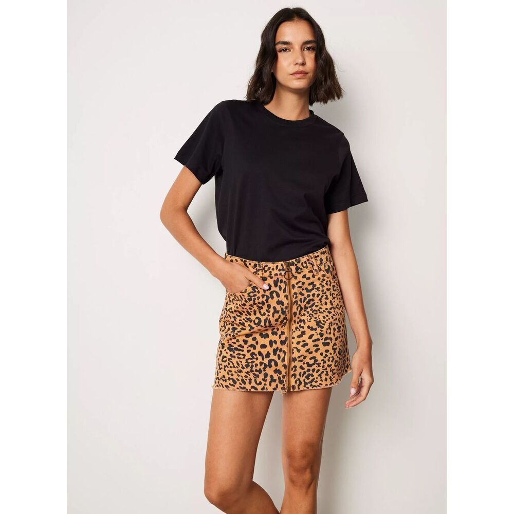 Free People Zip It Up Leopard Print Raw Hem Cotton Denim Mini Skirt Size 28